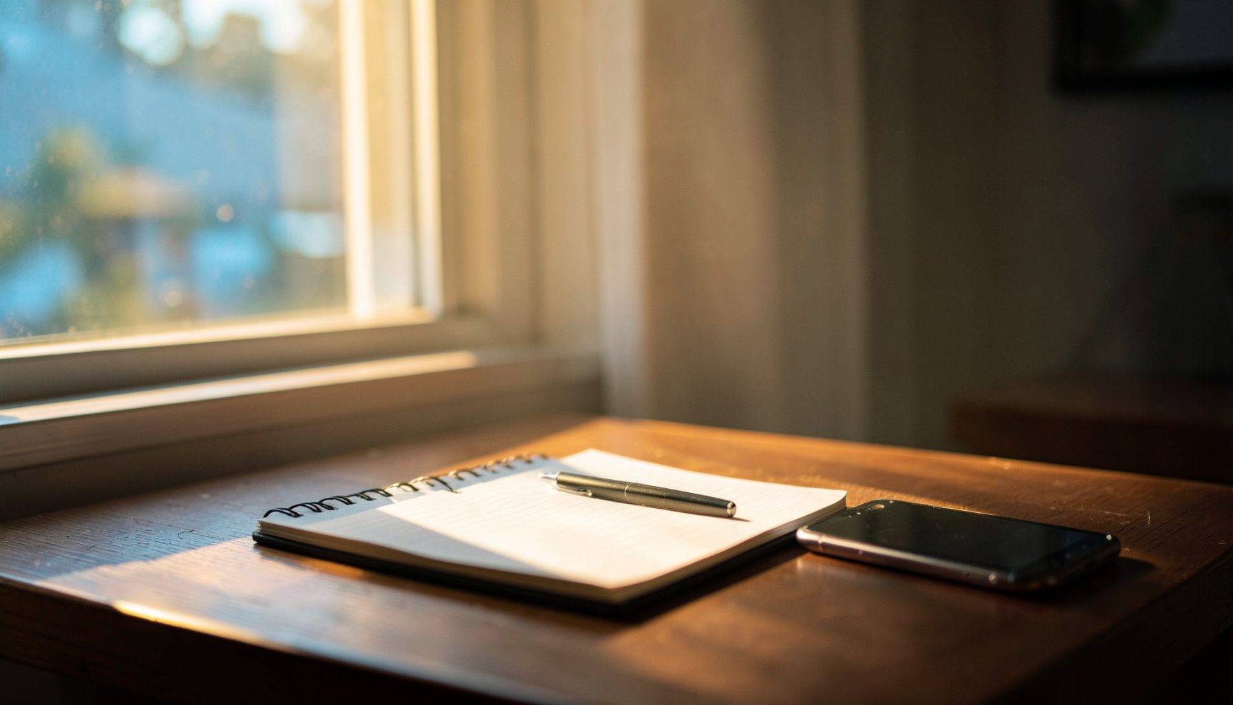 A tidy desk with a notebook, pen, and a smartphone, bathed in warm golden-hour sunlight streaming through a nearby window.