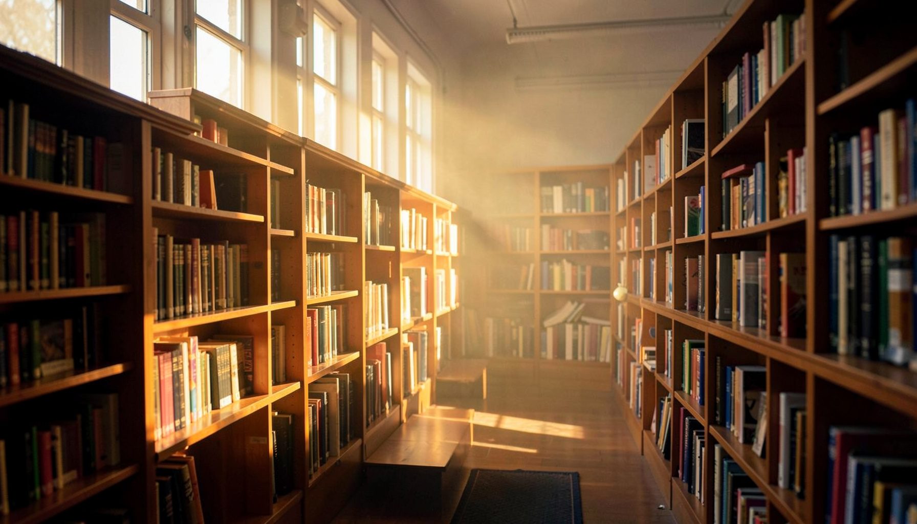 A sunlit library reading room with rows of wooden shelves, warm amber light streaming through tall windows, and a quiet, inviting atmosphere.
