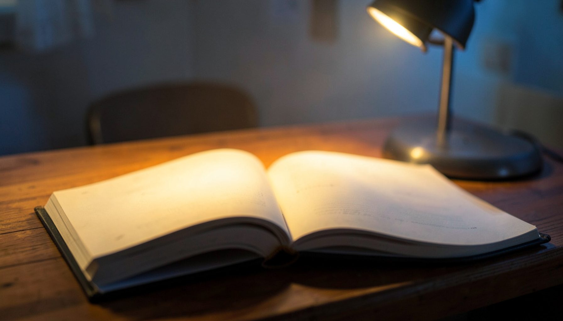 A hardcover book lying open on a wooden desk beside a reading lamp, with warm golden light spilling across the pages and casting soft shadows.