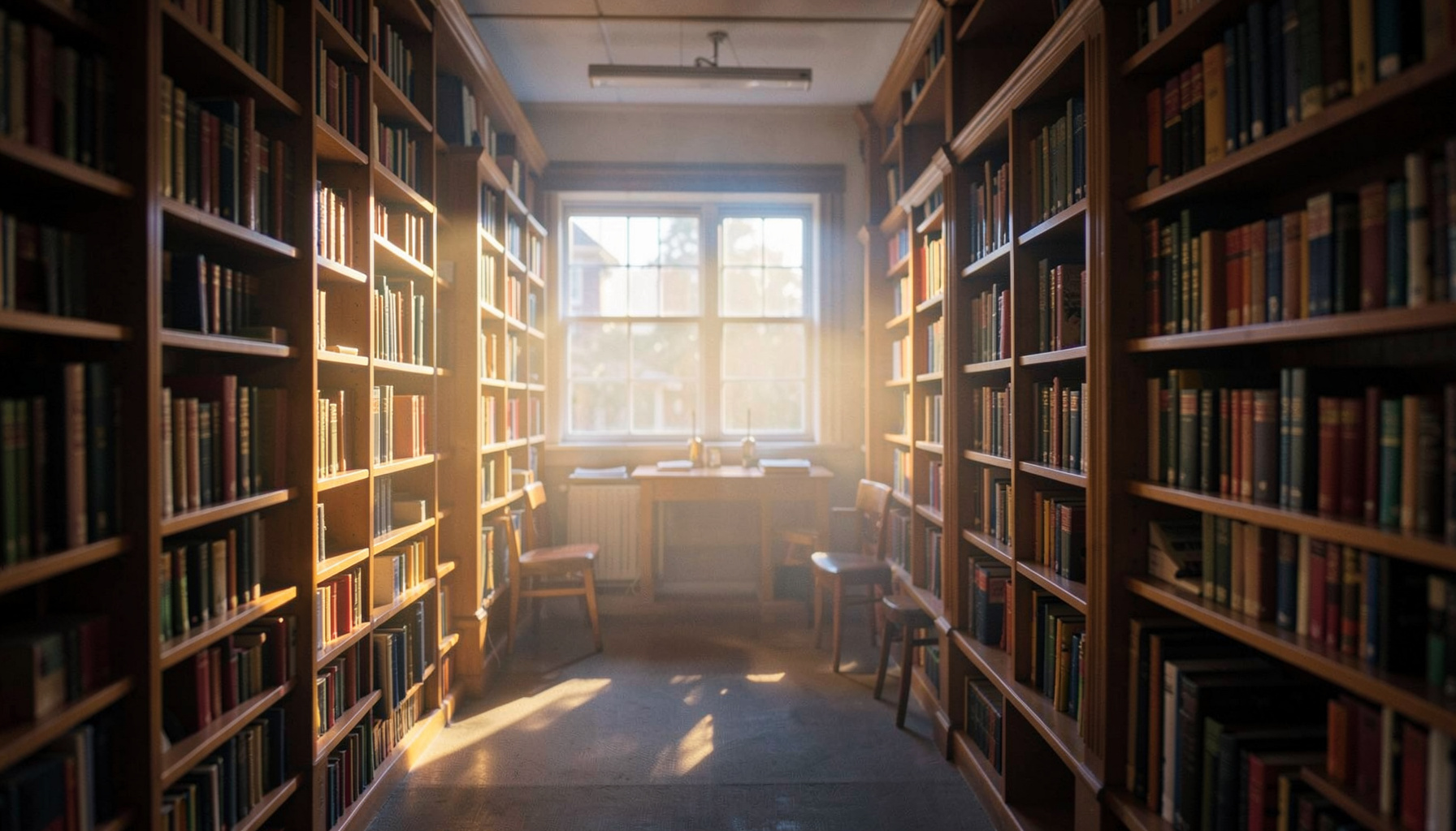 A warmly lit library reading room with rows of wooden shelves, soft amber light spilling across a quiet study area, and a calm, scholarly atmosphere.