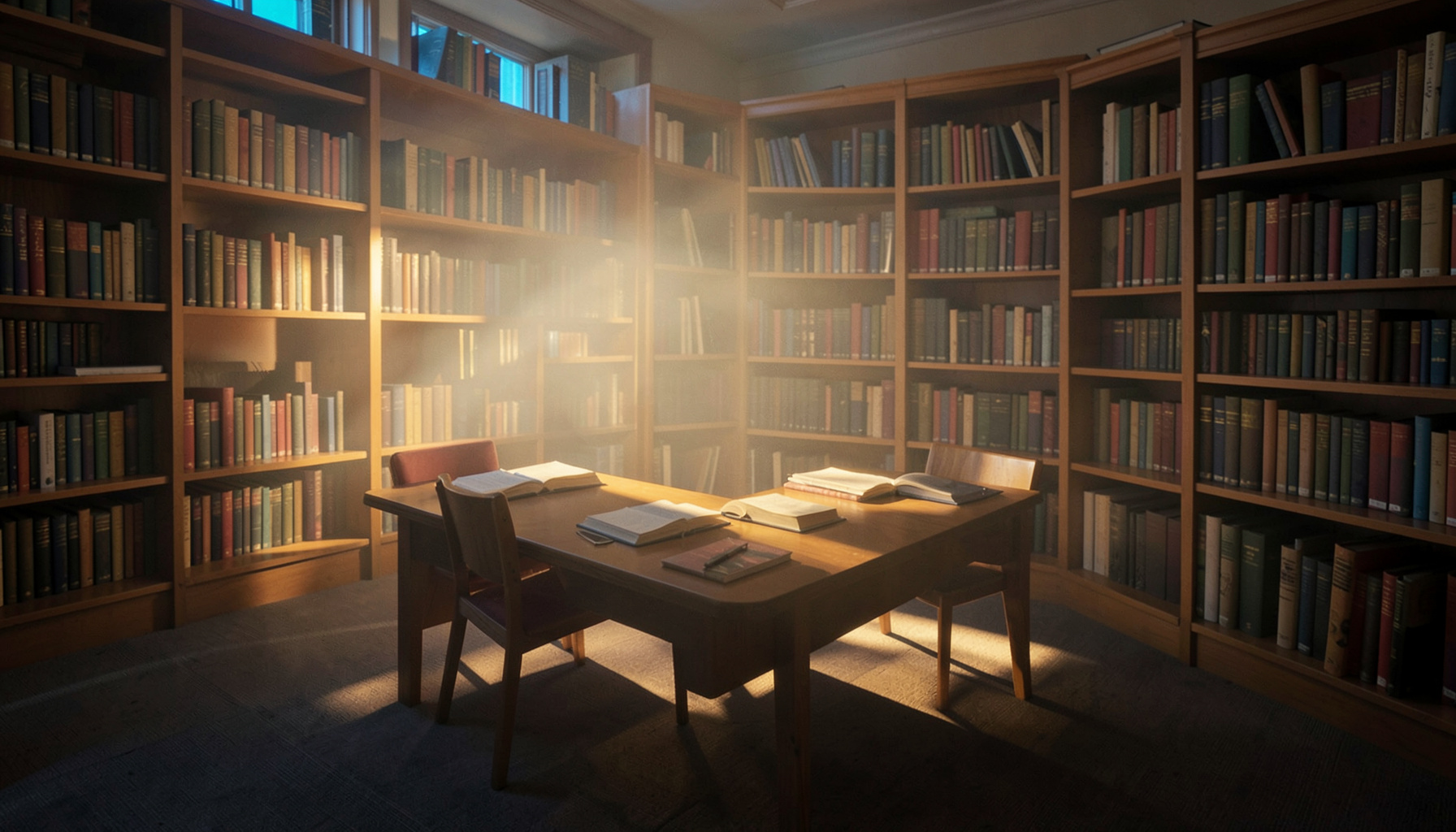 Warm golden-hour light falling across a quiet library reading room with rows of wooden shelves, a few open books on a table, and soft shadows stretching across the floor.